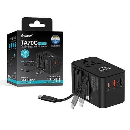 XPower 70W GaN Travel Adaptor Built-in Cable - Black - Tashqila XPower 70W GaN Travel Adaptor Built-in Cable - Black - Tashqila